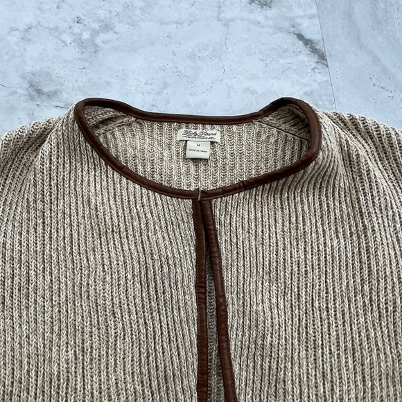 Cardigan Sweater Size Medium M Beige Open Front Faux Leather Trim - Picture 2 of 8